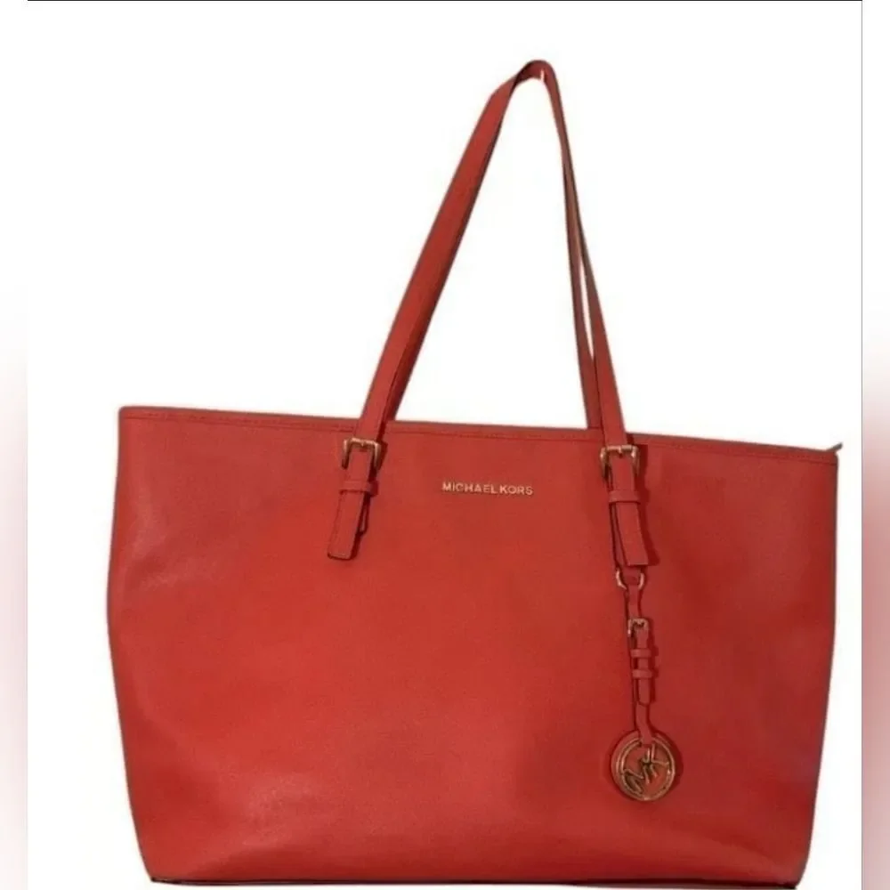 Michael Kors MK Large Red Tote Bag Leather Purse